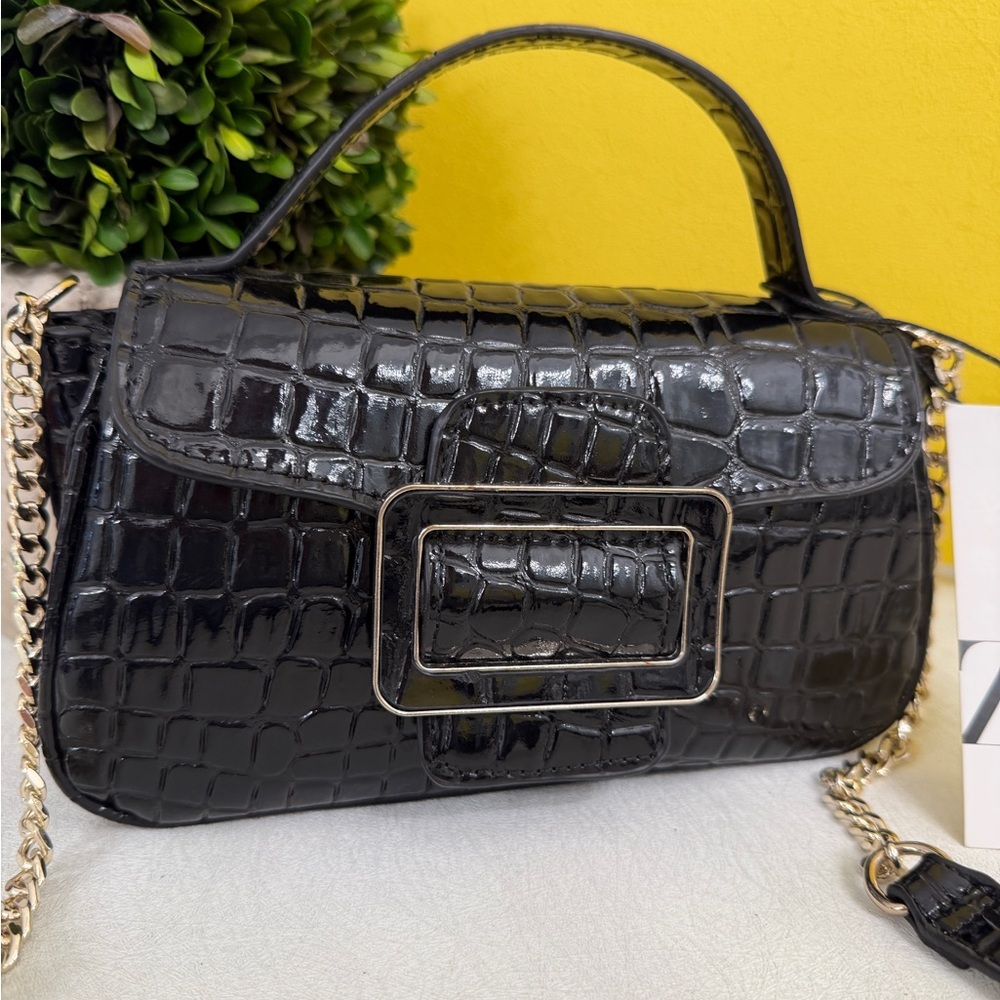 Zara Black Animal Croc-Embossed Handle & Crossbody Patent Buckle Mini Bag